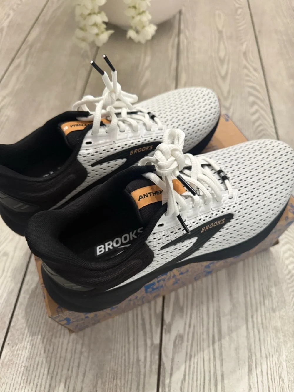 Brooks White and Black Athletic Running Sneakers with Orange Accents